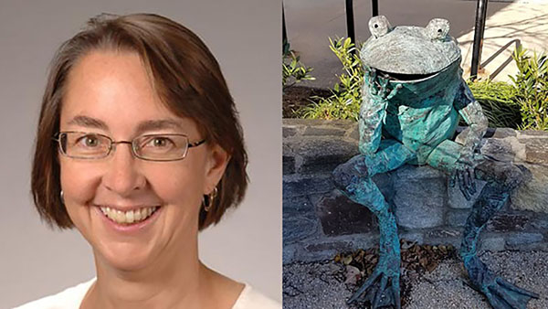 Dr. Gisela Storz and frog statue at the NIH's Anita B. Roberts Contemplation Garden