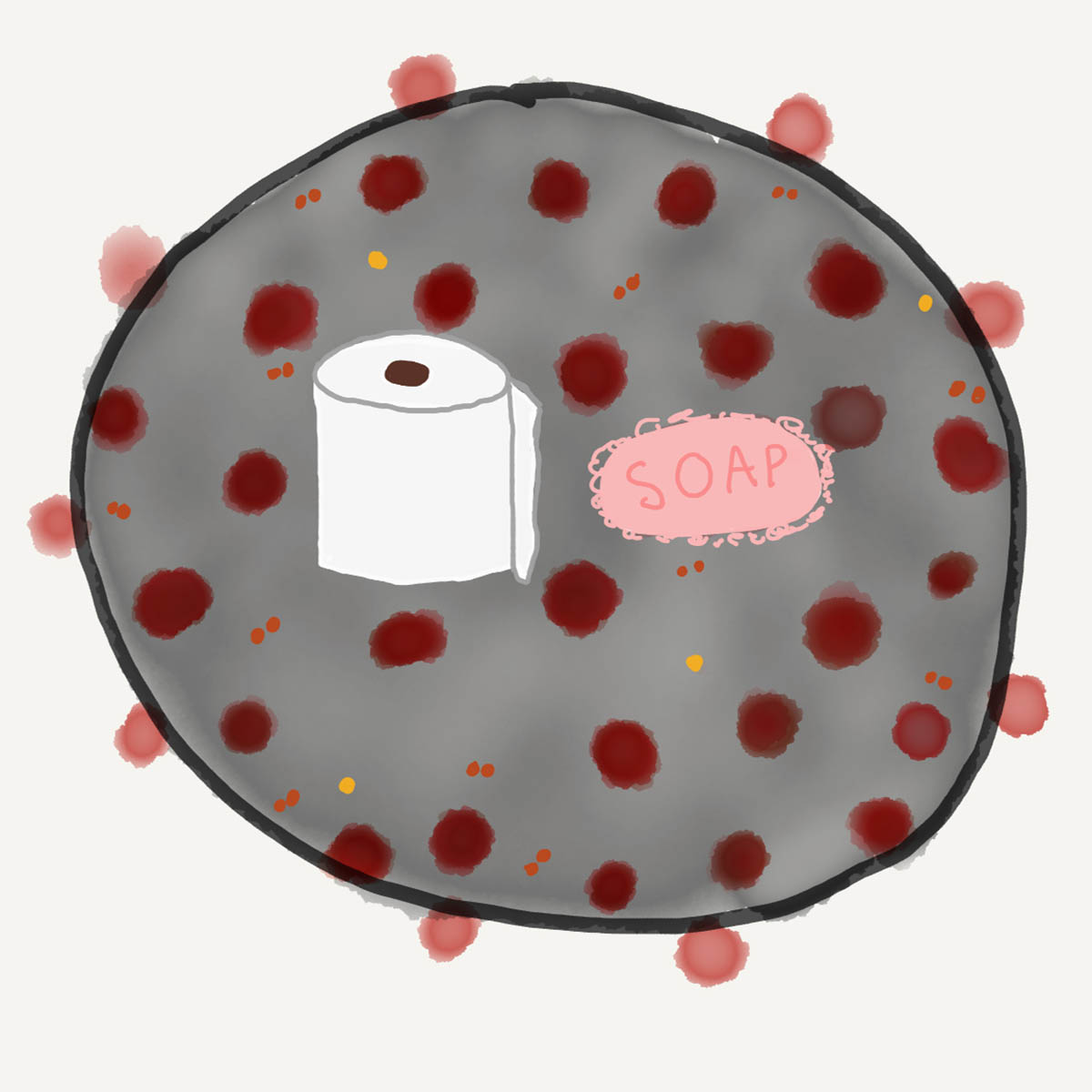 drawing of covid-19 virus cell and a roll of toilet paper and bar of soap superimposed on it.