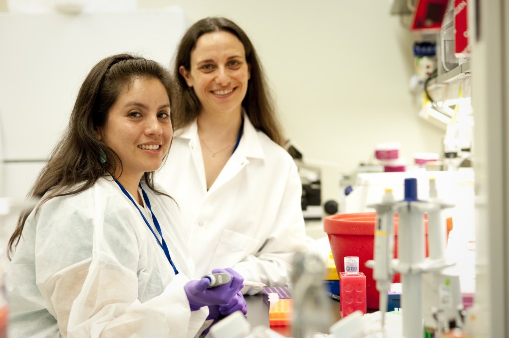 Teresa Ramirez and Adeline Bertola collaborating in the lab
