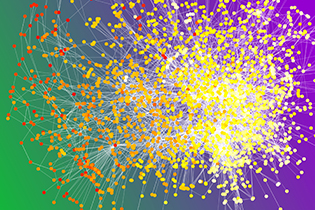 illustration of network--many dots of different colors connected by blue lines