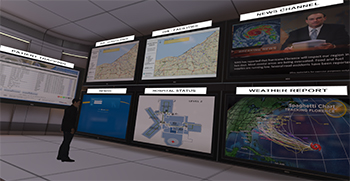 simulation of a crisis center with wall-size TV screens showing weather maps and information