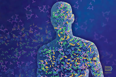 silhouette of human body overlaid with colored shapes representing microbes