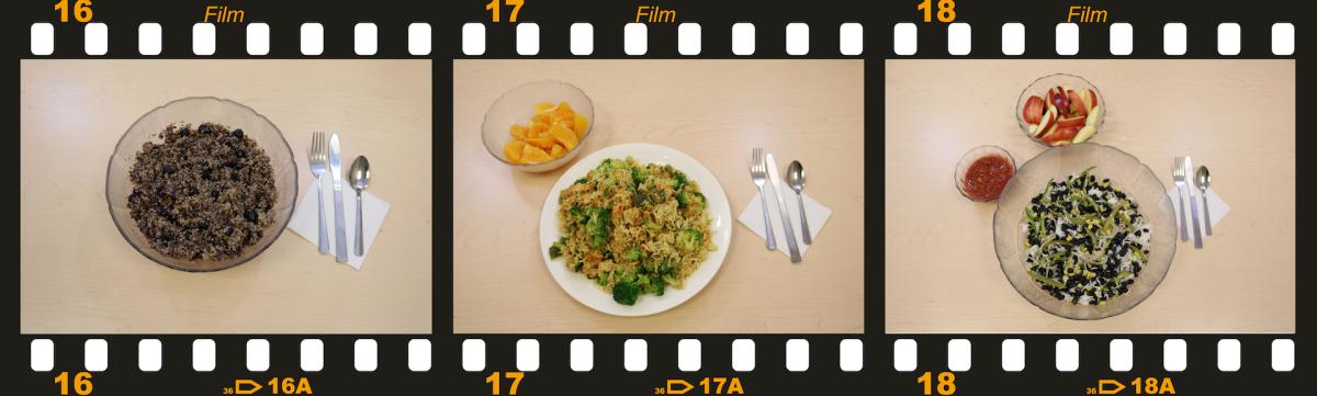 Film strip showing vegan breakfast lunch and dinner meals