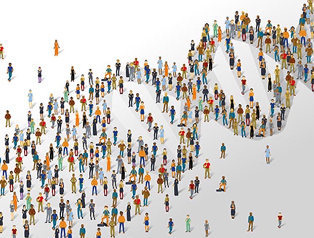 Illustration of people arranged in the shape of a double helix