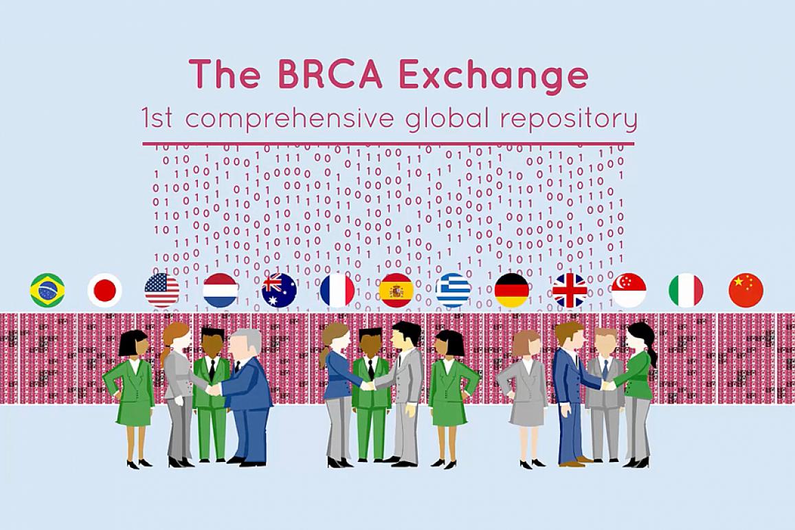 drawing of scientists from diverse nationalities working together on the BRCA Exchange