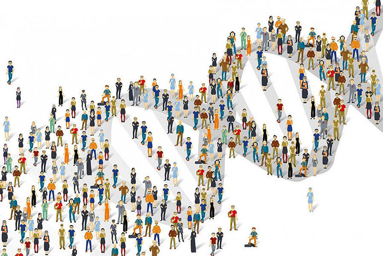 crowd of people in the shape of a DNA double helix