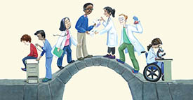 drawing of bridge with 8 types of researchers and clinicians crossing to meet each other
