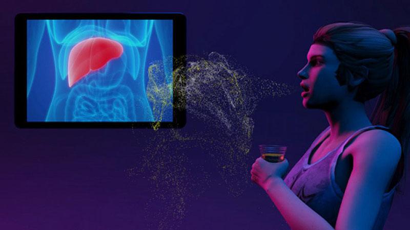 woman breathing out particles of carbon next to a picture of the liver
