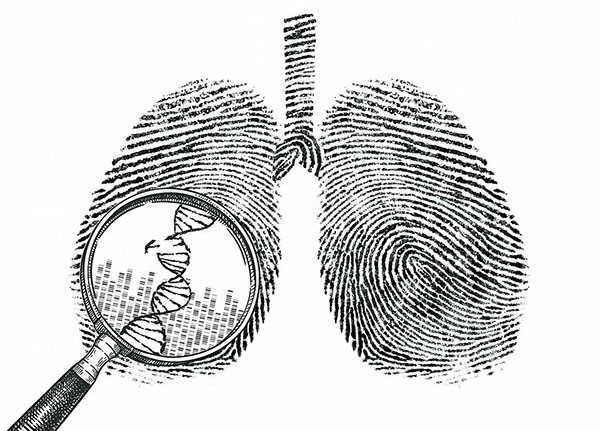 Illustration of lungs made up of DNA sequences. A magnifying glass hovers over a portion of a DNA sequence showing a mutational change.