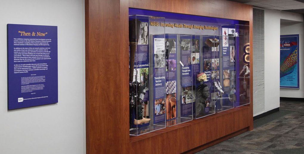 Display titled “Then and Now” that shows progressive stages of various biomedical technologies