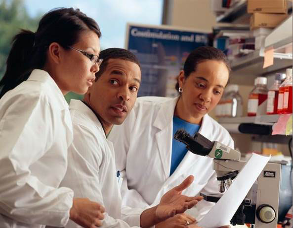 scientists talking in a lab