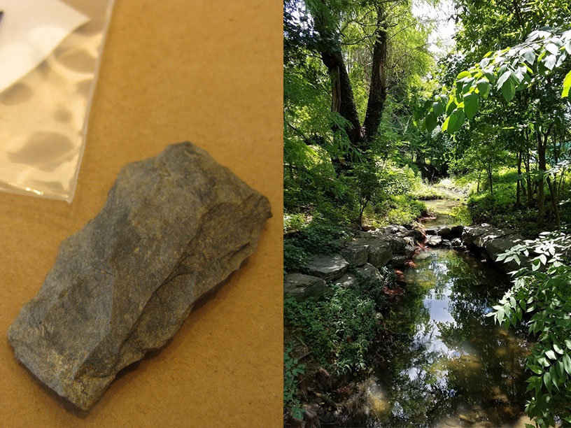 Native American stone artifact (left) and the stream on the NIH main campus where it was found (right)