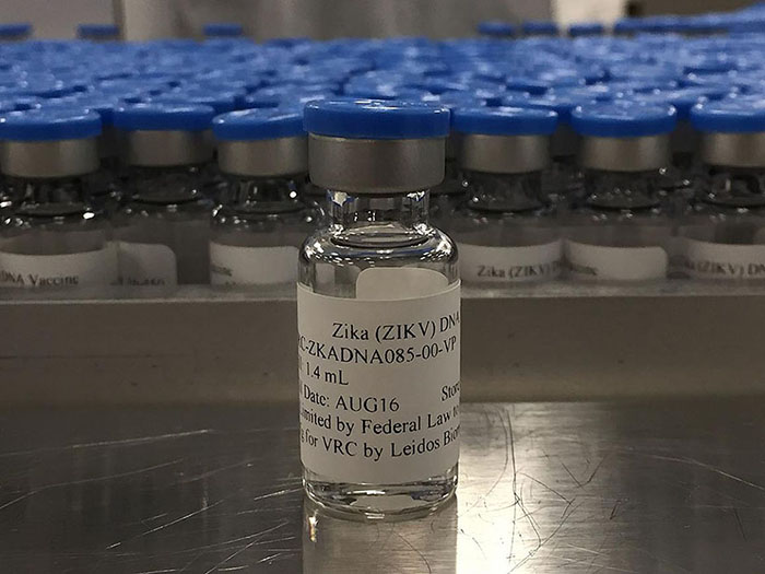 A vial of the NIAID Zika virus investigational DNA vaccine
