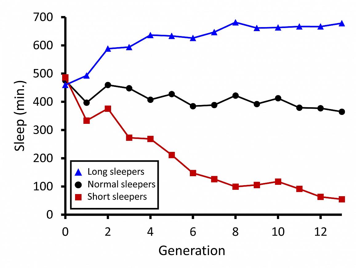 Graph showing sleep duration (in minutes) of wild fruit flies—long sleepers, normal sleepers, and short sleepers—artificially bred across 13 generations.