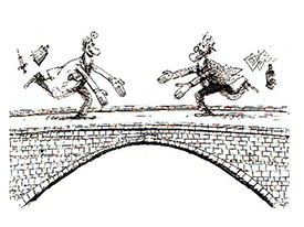 cartoon of a doctor and scientist running toward each other across a bridge