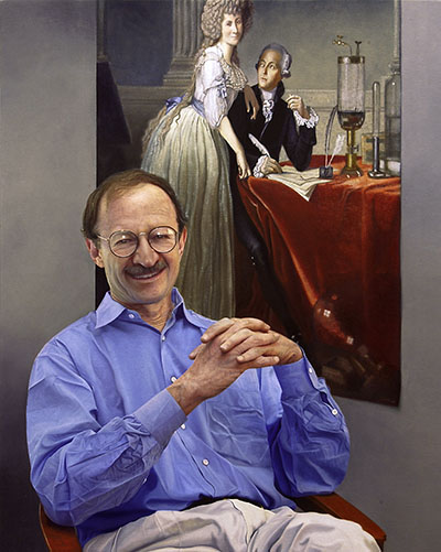  Painting of Harold Varmus in front of another painting
