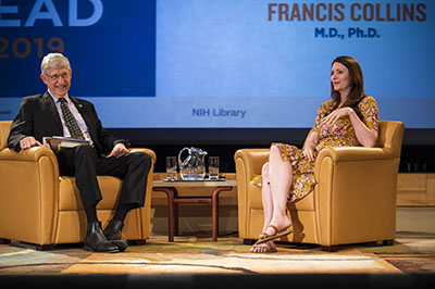 Francis Collins (left) and Helen Thomson (right) on stage.