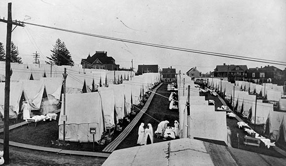 An outside view of the War Influenza Hospital at Emery Hill in Lawrence, Massachusetts (May 29, 1919)