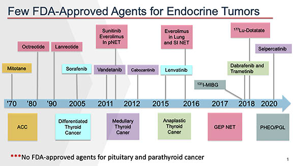 chart showing few FDA-approved agents for endocrine tumors