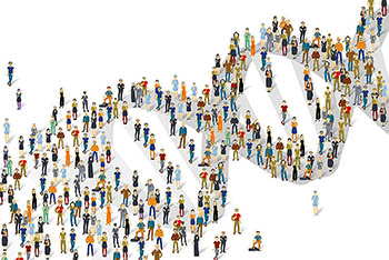 illustration of people lined up in DNA double helix pattern