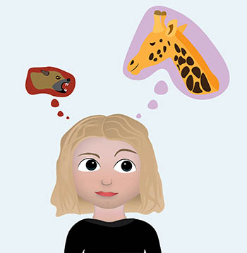 illustration of girl thinking about a jackal and a giraffe