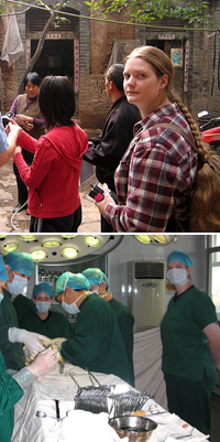 Jill is pictured in Linxian, China starting a pilot study to evaluate polycyclic aromatic hydrocarbons as a possible link to the high rate of esophageal cancer in the region (top). In Linxian, China, Jill is present for the set-up of a surgery to remove the top part of the stomach (gastrectomy) (bottom).