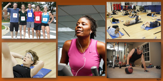 Five images of different exercise activities