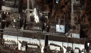 Fukushima Nuclear Power Plant on fire in 2011, aerial view