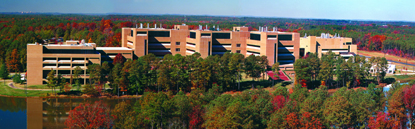 Panoramic view of NIEHS buildings; they are made of brick and several stories high