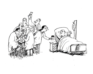  People in lab; man holding up a test tube, woman handing a jar to a patient in a bed
