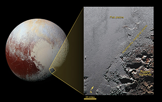 Planet Pluto with detail of part of planet.