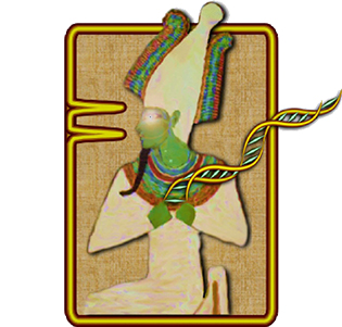 Logo shows profile of Egyptian god, DNA strands, and peaks from DNA analysis