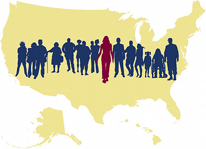 A graphical map of the United States superimposed by a group of silhouetted people