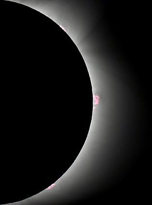 SUN IS BLACKED OUT IN THIS TOTAL ECLIPSE BUT THERE ARE THREE PINK PROTRUSIONS THAT LOOK LIKE TINY FLAMES