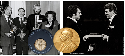 left is of a group of four people at the Lasker Awards ceremony and Potter is second from left; the right photo is of Anfinsen (right) receiving the Nobel Prize