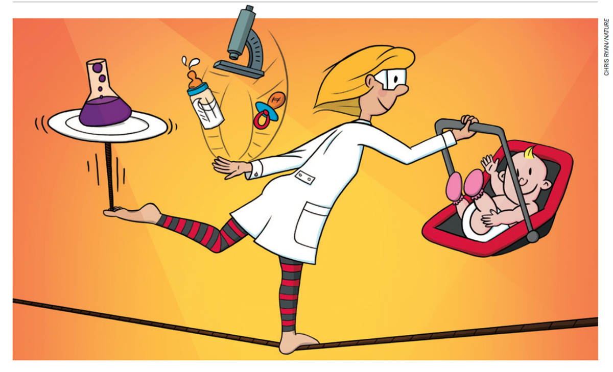 cartoon of scientist in lab coat juggling lab equipment and baby gear
