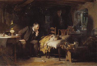 painting of a doctor at the bedside of a little girl who is his patient; mother looking on in the background