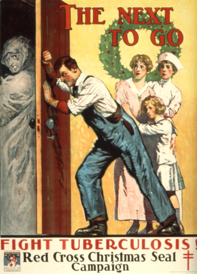 Color illustration showing a man pushing against a door to keep out a shrouded gray figure representing tuberculosis. A nurse stands nearby protecting a woman and a little girl.