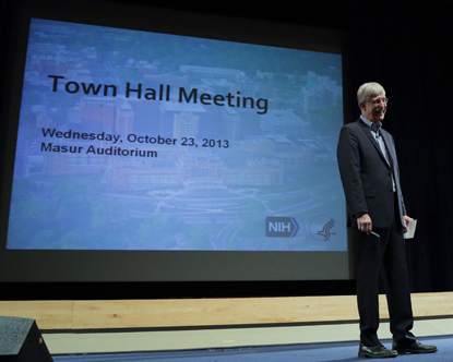 Francis Collins on stage during the NIH Town Hall Meeting