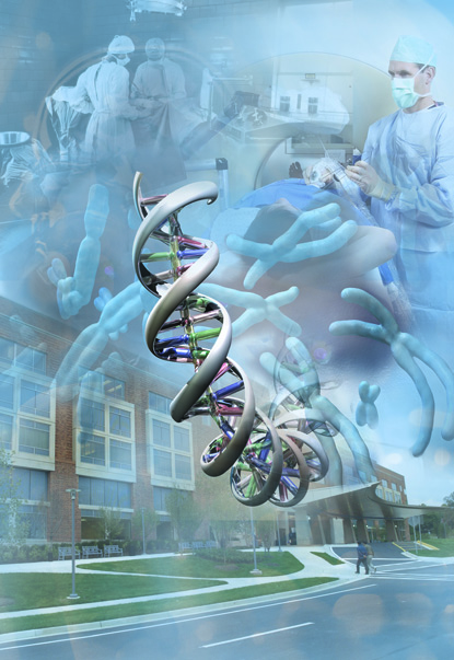 composite showing doctors, double helix, Clinical Center, DNA