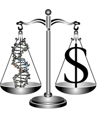 SCALE WITH DNA DOUBLE HELIX ON ONE SIDE AND DOLLAR SIGN ON OTHER