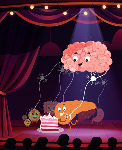 illustration of a puppeteer that looks like a brain; it's controlling shape eating a cake.
