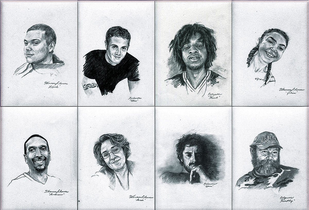 charcoal drawings of 8 people
