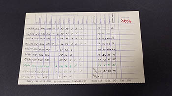 index-sized card with handwritten blood analysis results
