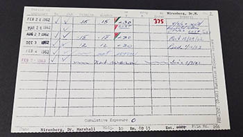 dosimetry card with handwritten numbers