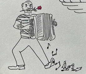 cartoon of man playing an accordion and holding rose in his teeth