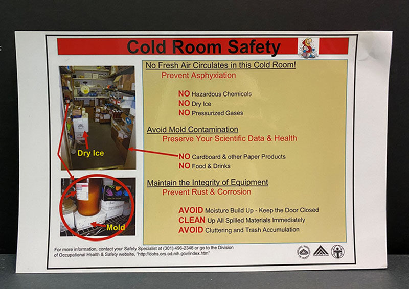 cold room safety sign, with instructions to prevent asphyxiation, avoid mold contamination, and prevent rust & corrosion
