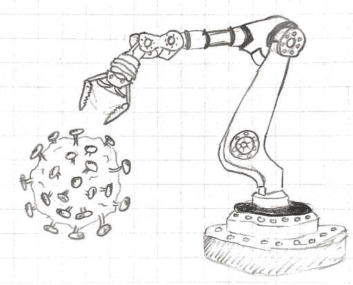 drawing of a robotic arm reaching for a virus particle