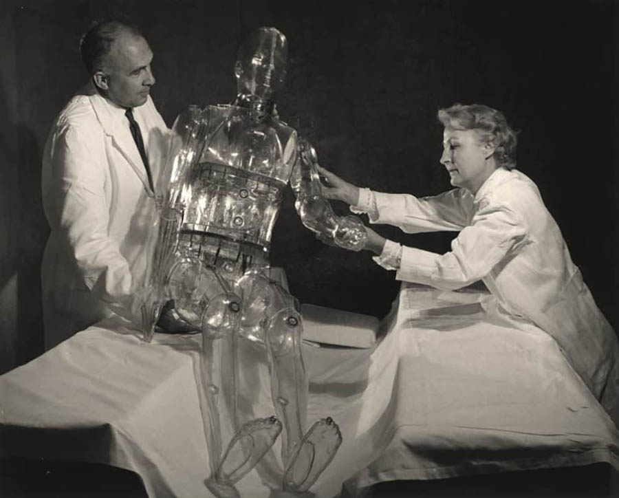 scientists working with a mannequin used as a whole-body radiation counter