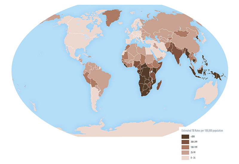 map from the U.S. Centers for Disease Control and Prevent (CDC) shows the disparate rates of tuberculosis around the world. The map is based on data from 2016.